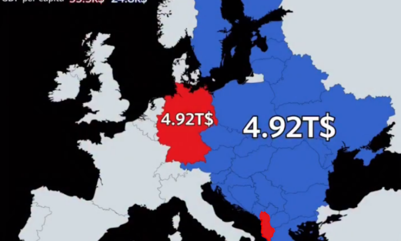 The economy of the red countries is equal to the economy of all blue countries