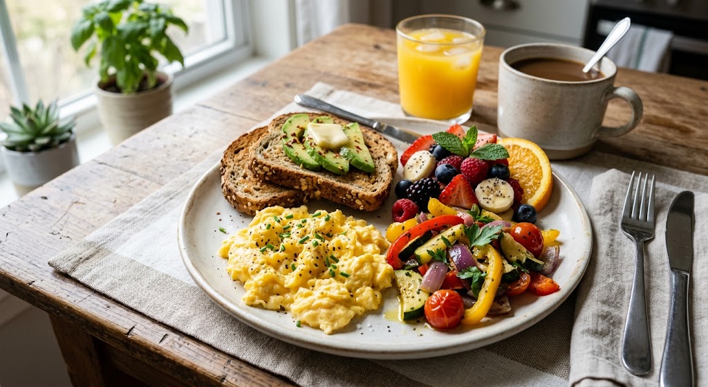 Balanced egg breakfast showing vegetables, whole-grain toast, and fruit alongside eggs