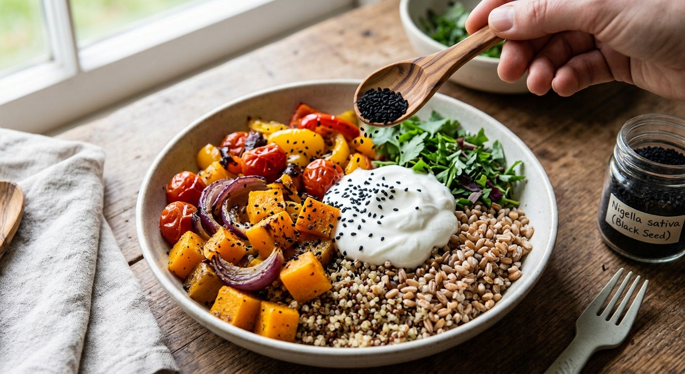 Black seeds added to a balanced meal as a seasoning