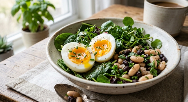 Boiled egg with beans and leafy greens as part of a nutritious meal