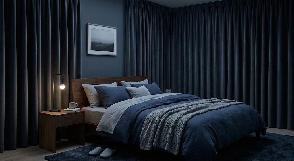 Comfortable dark bedroom set up for restful sleep