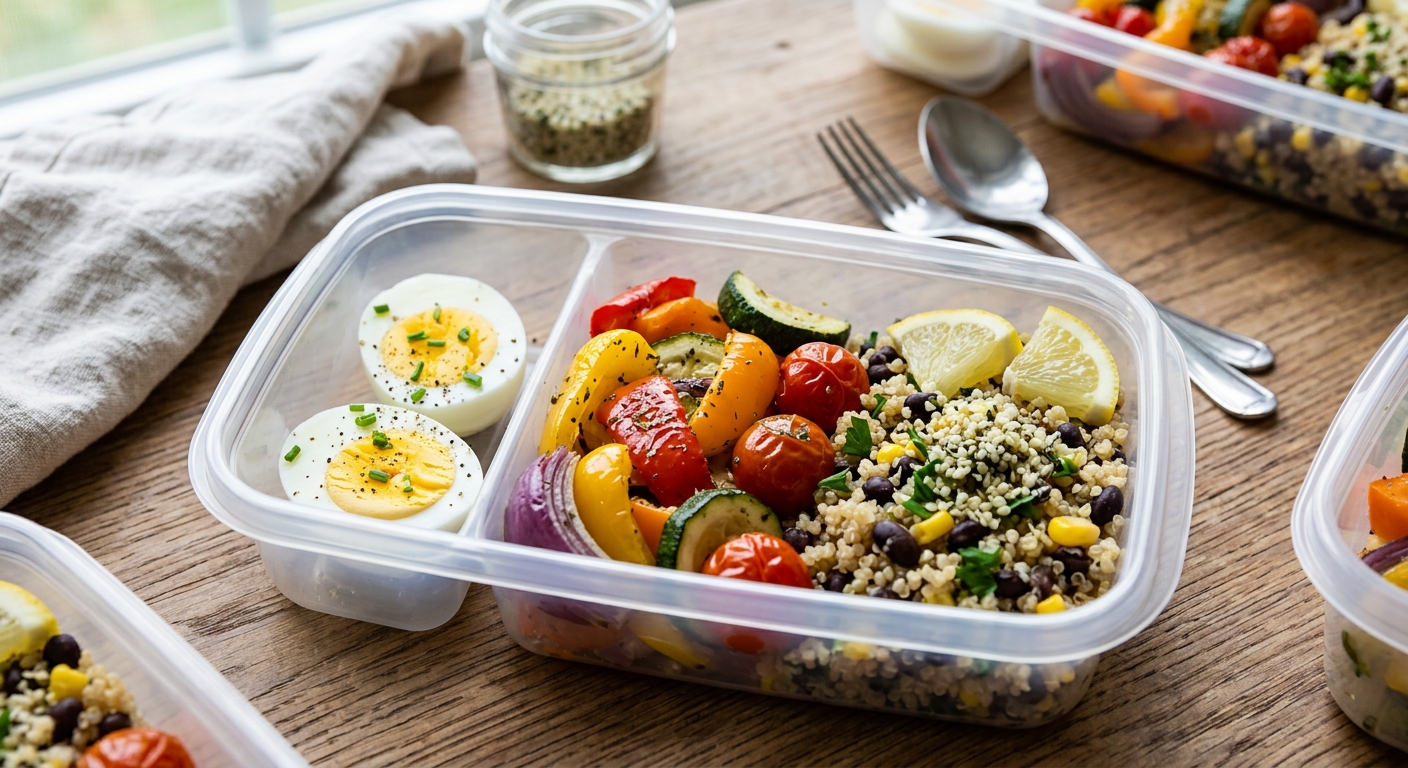 Egg meal prep with hard-boiled eggs, vegetables, and whole grains