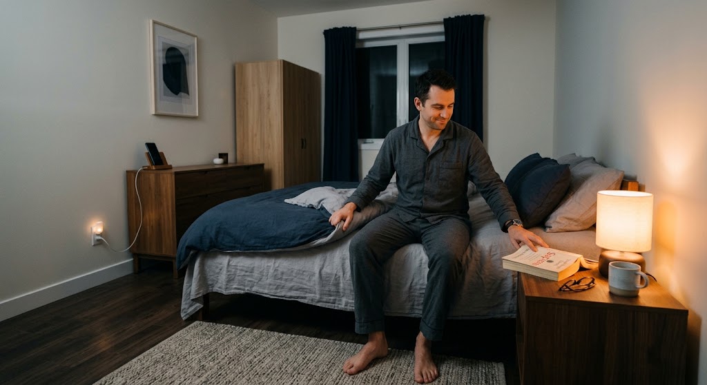 Man following a simple bedtime routine to sleep better in a calm bedroom