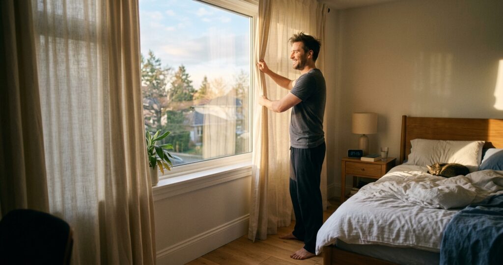 Man opening curtains to start a refreshed morning with natural light