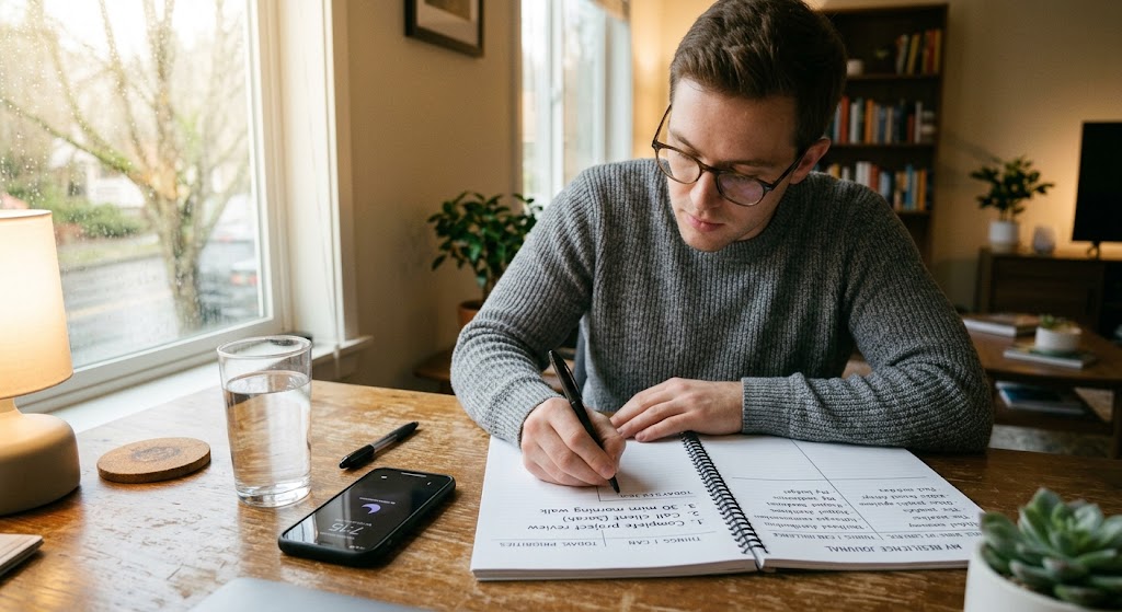 Man planning daily priorities to reduce stress and feel more in control