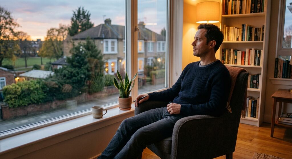 Man practicing how to relax his mind with slow breathing at home