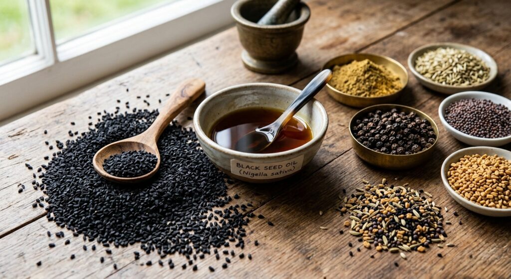 Whole black seeds and black seed oil used in cooking