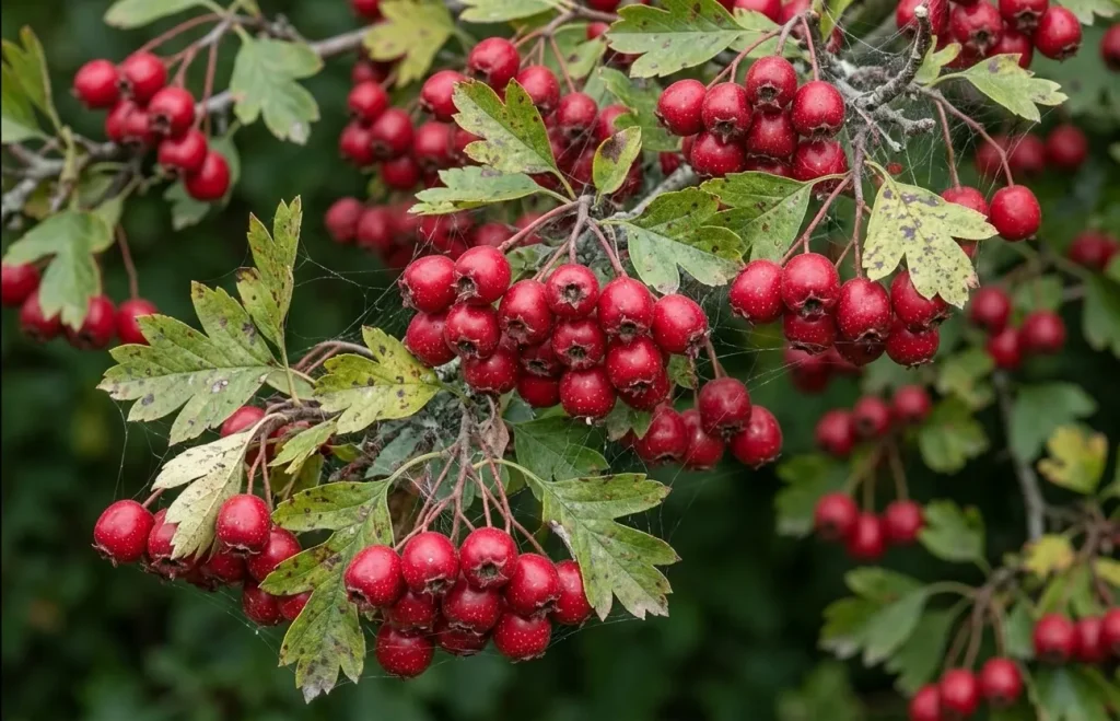Fresh red hawthorn berries from the Crataegus plant