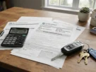 Calculator and financial papers showing a 16 percent car loan APR offer