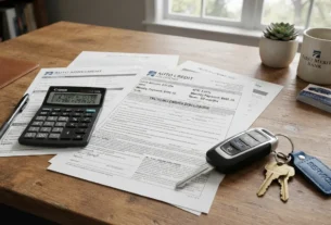 Calculator and financial papers showing a 16 percent car loan APR offer