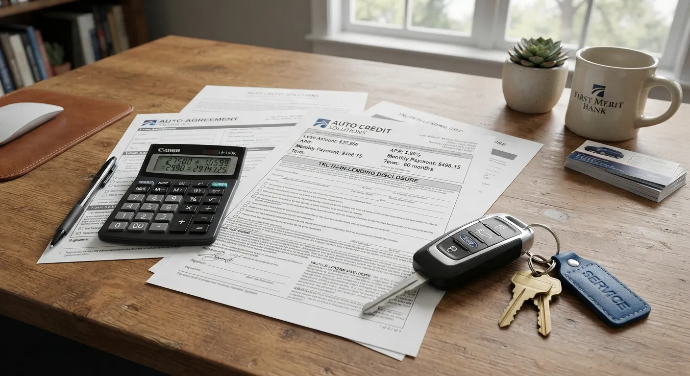 Calculator and financial papers showing a 16 percent car loan APR offer
