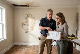 Contractor reviewing damaged home with an insurance claim short on repair costs