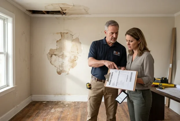 Contractor reviewing damaged home with an insurance claim short on repair costs