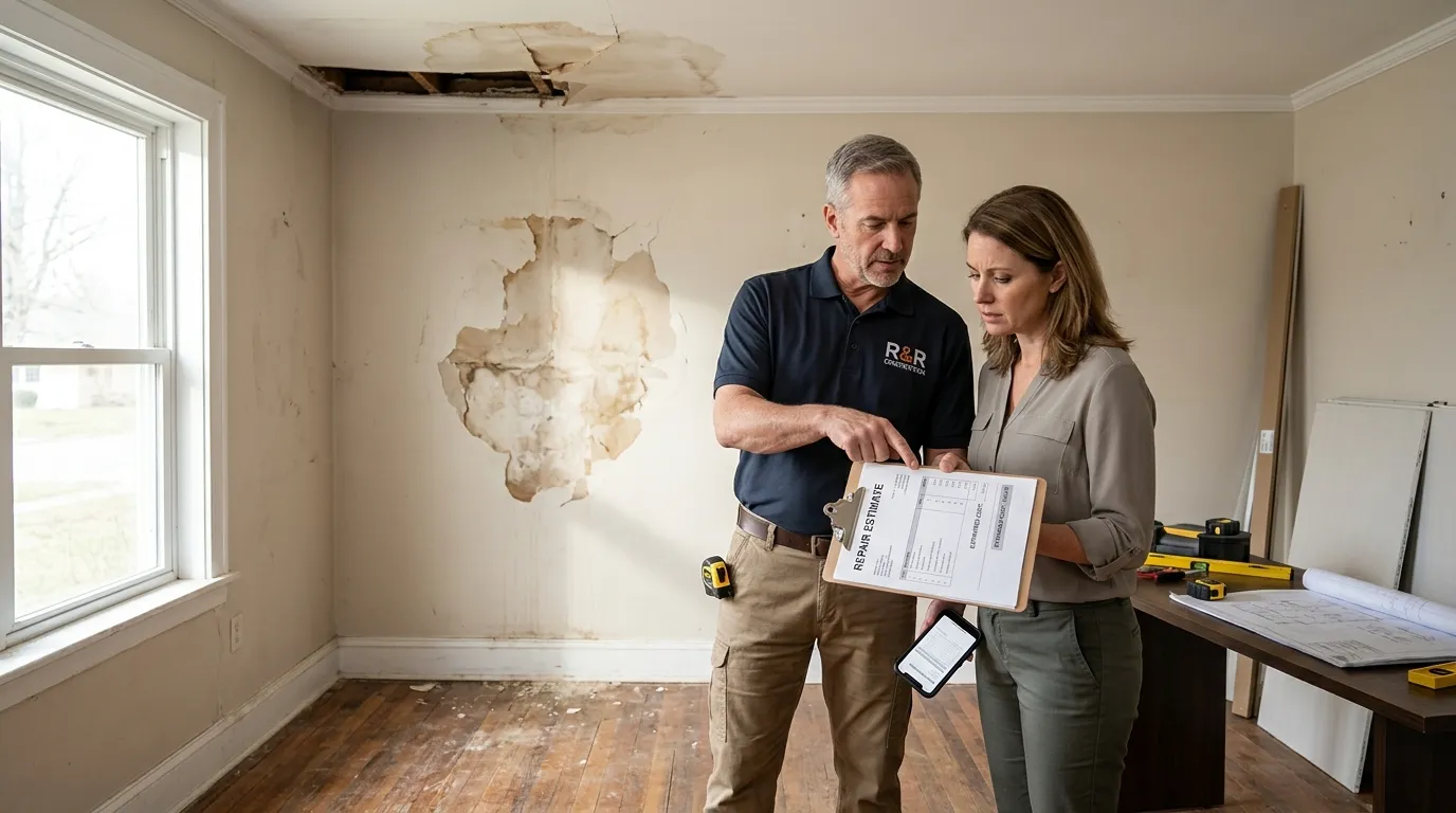 Contractor reviewing damaged home with an insurance claim short on repair costs