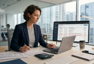 Employee reviewing financial bank records after receiving an accidental company overpayment