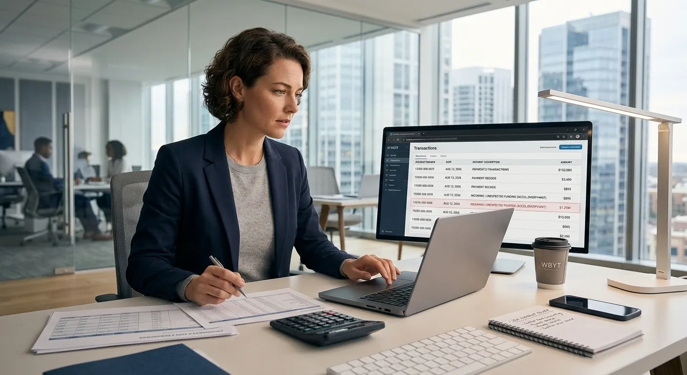 Employee reviewing financial bank records after receiving an accidental company overpayment