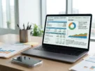 Executive reviewing executive compensation documents and investment strategies on a laptop