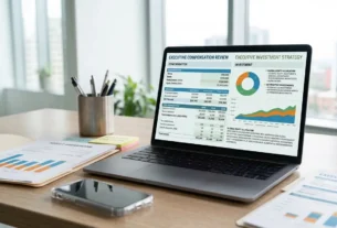 Executive reviewing executive compensation documents and investment strategies on a laptop