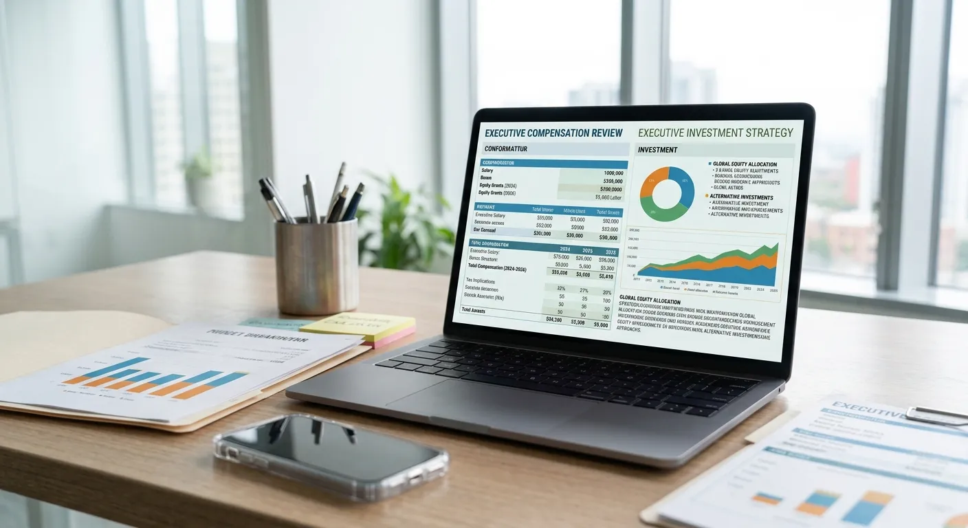 Executive reviewing executive compensation documents and investment strategies on a laptop