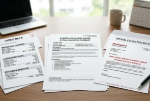 Hospital discharge papers and unpaid bills sitting next to an official collection notice on a desk