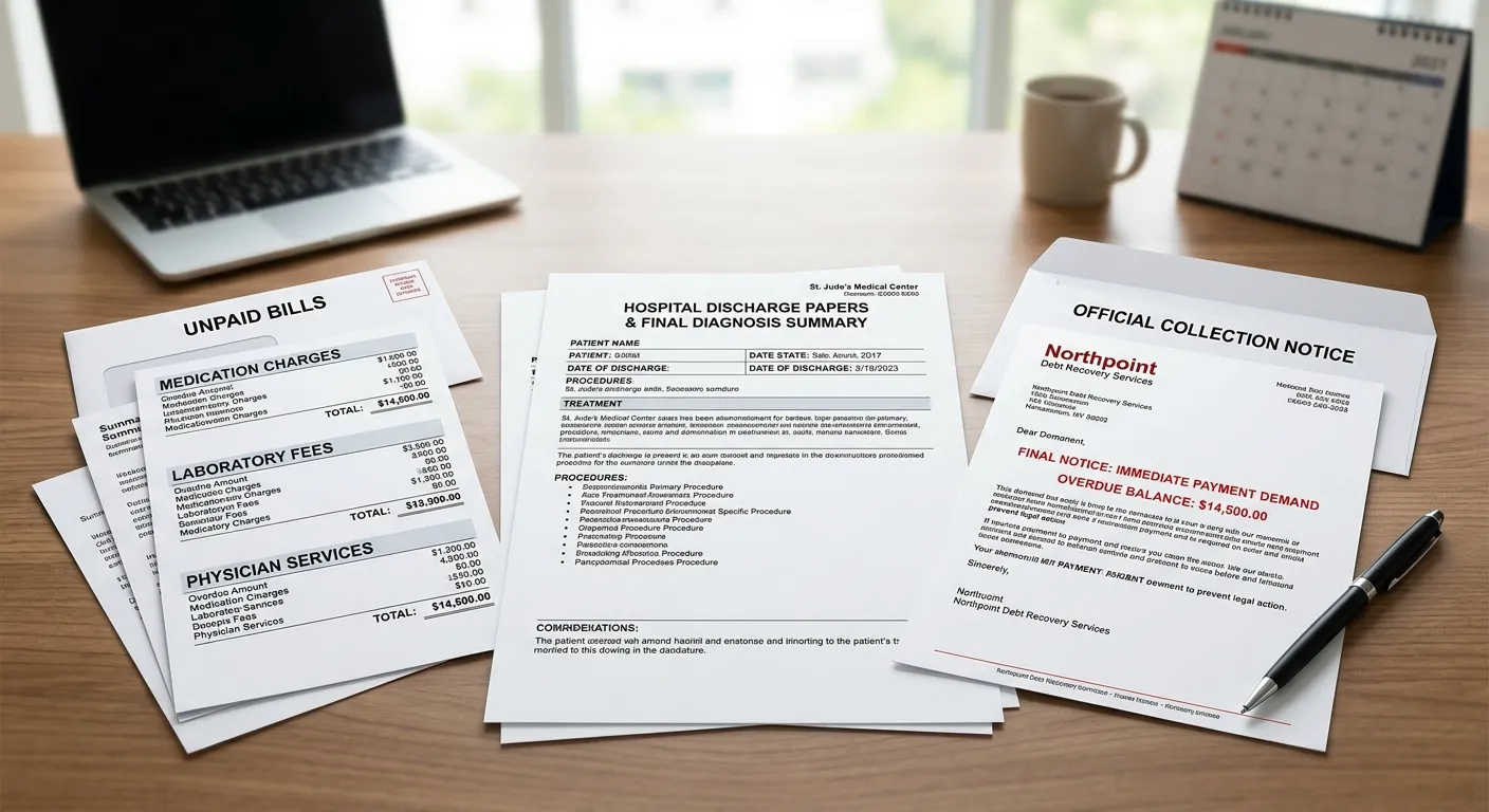 Hospital discharge papers and unpaid bills sitting next to an official collection notice on a desk