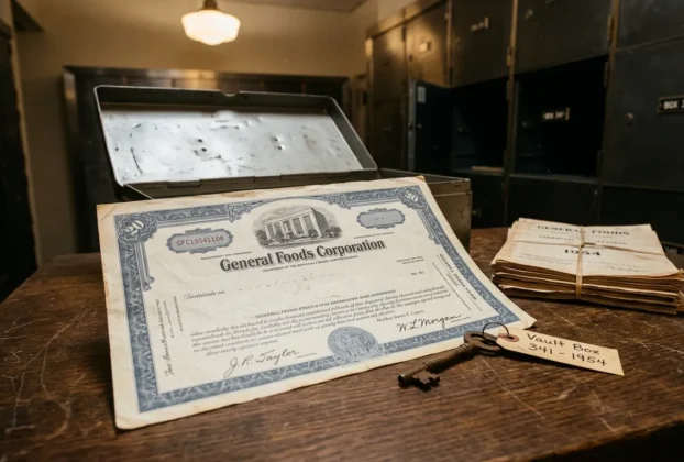 Old stock certificate from General Foods Corp found in a bank vault