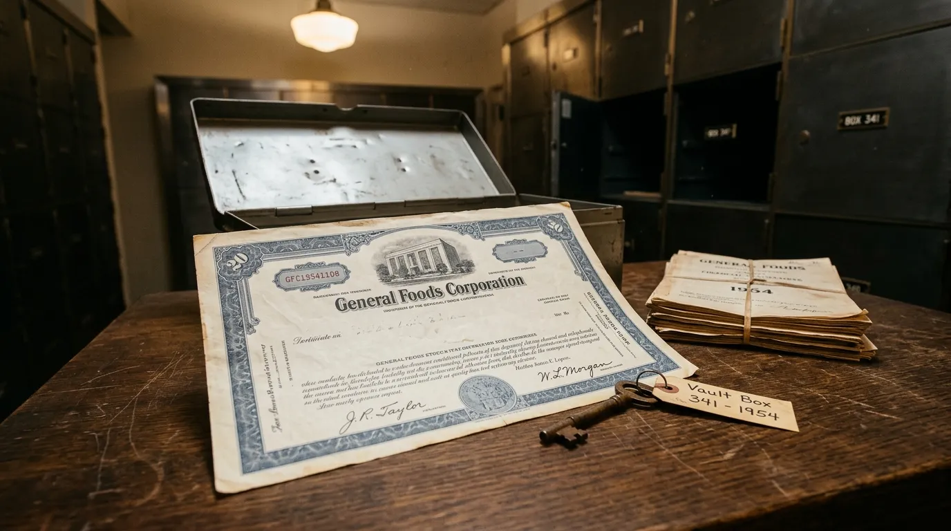 Old stock certificate from General Foods Corp found in a bank vault