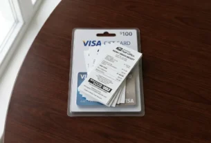 Paper money order receipts stacked on top of visa gift card packaging on a wooden table