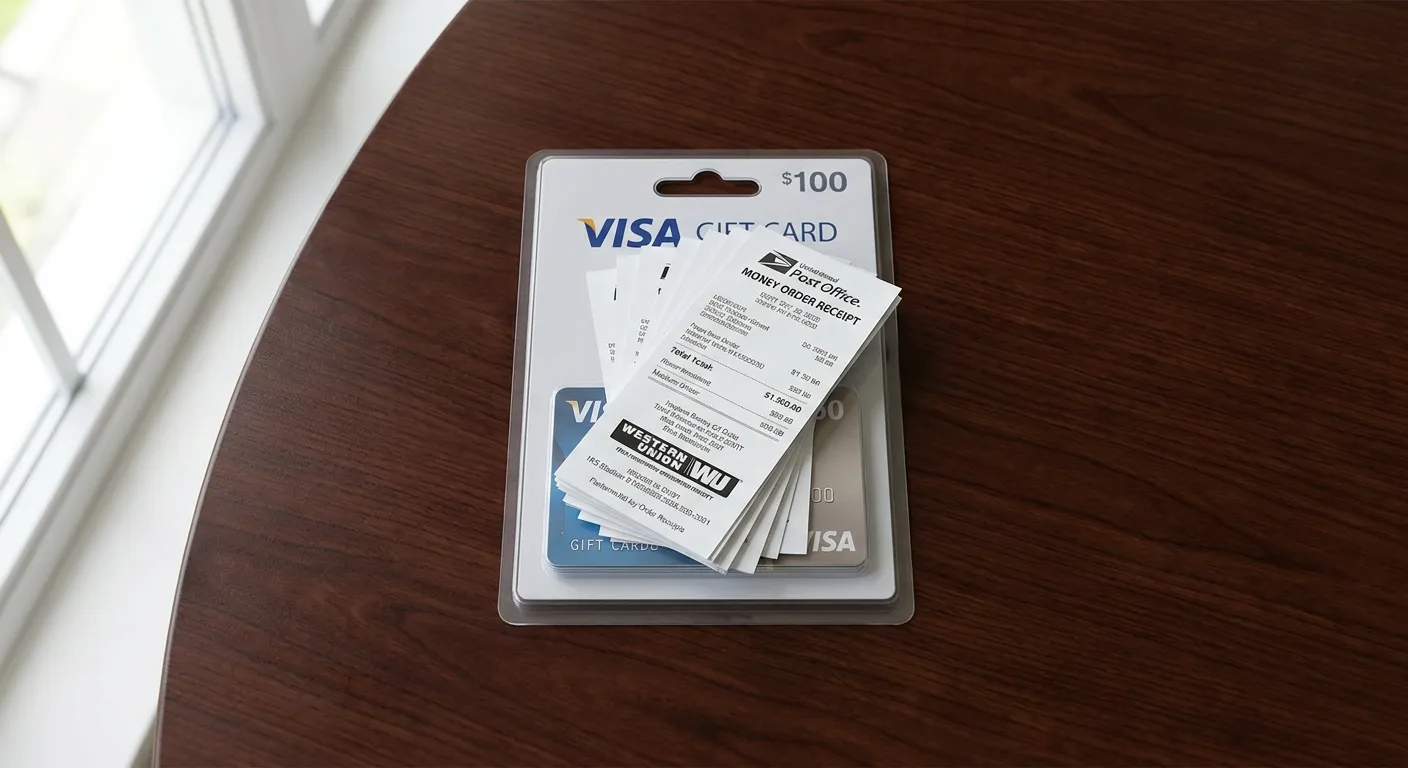 Paper money order receipts stacked on top of visa gift card packaging on a wooden table