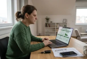 Person reviewing auto loan financing documents and payoff terms on a laptop