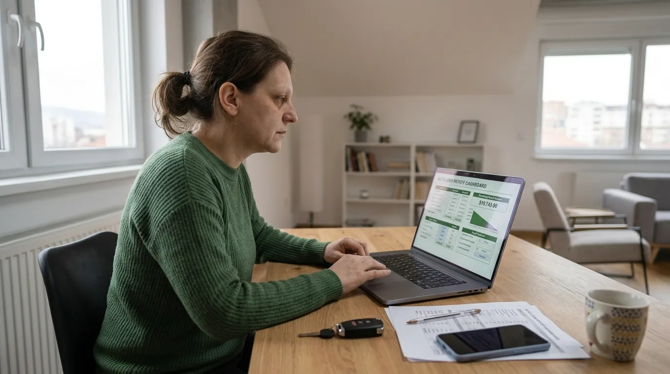 Person reviewing auto loan financing documents and payoff terms on a laptop