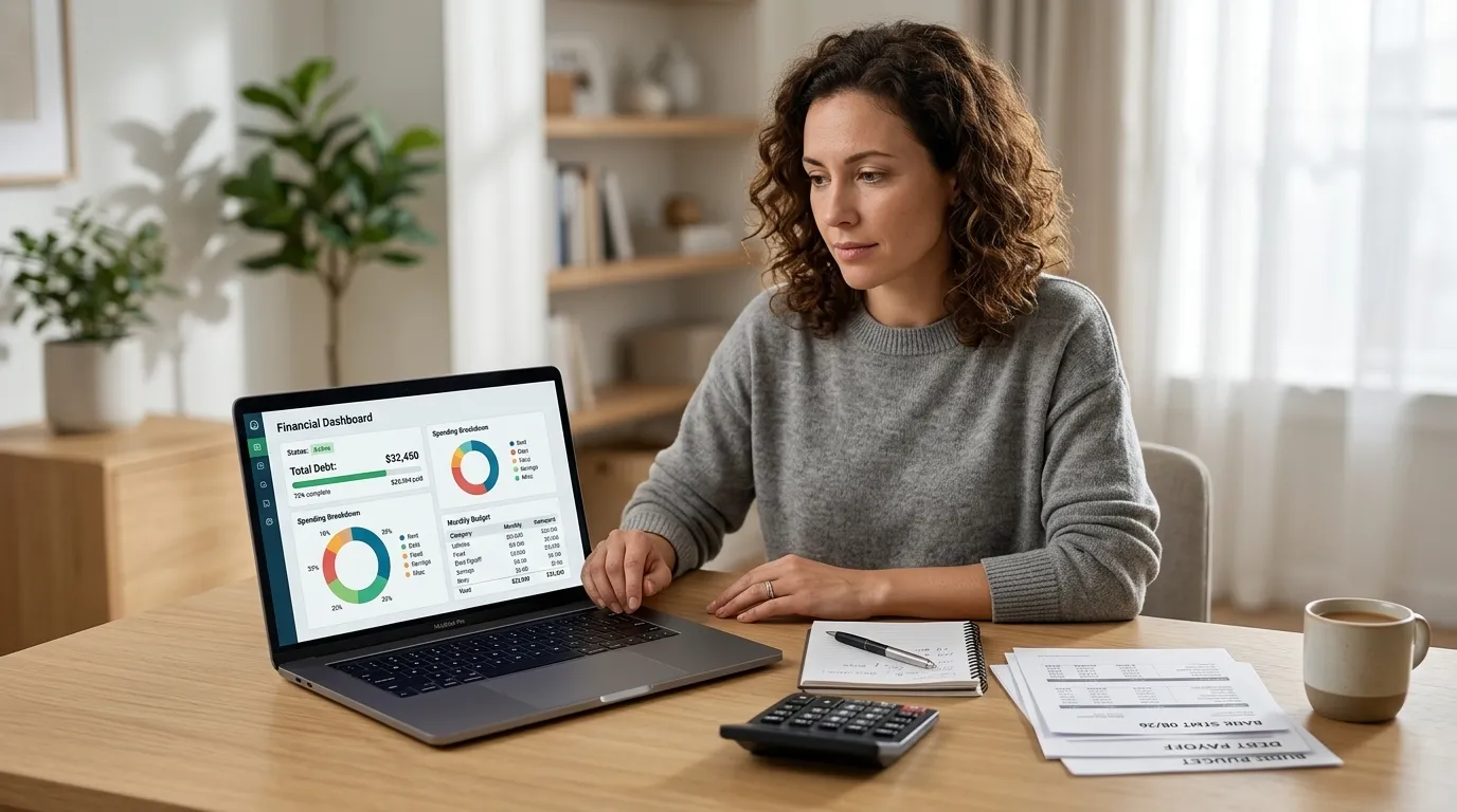 Person reviewing financial plan and debt payoff strategy on a laptop