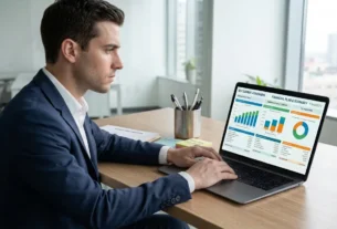 Person reviewing financial planning documents and settlement payout details on a laptop