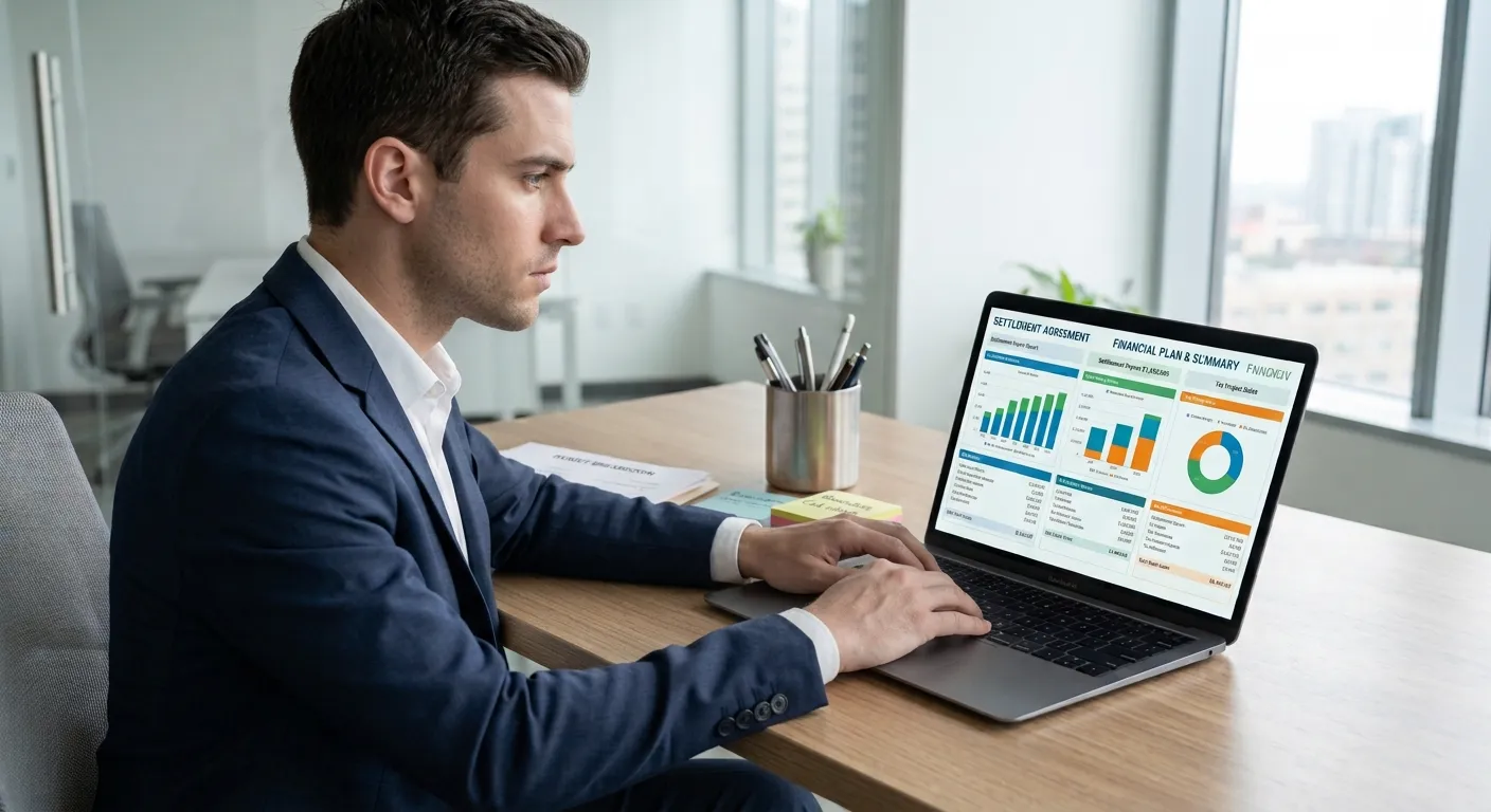 Person reviewing financial planning documents and settlement payout details on a laptop