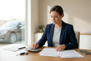 Person reviewing financing paperwork to pay off car loan immediately