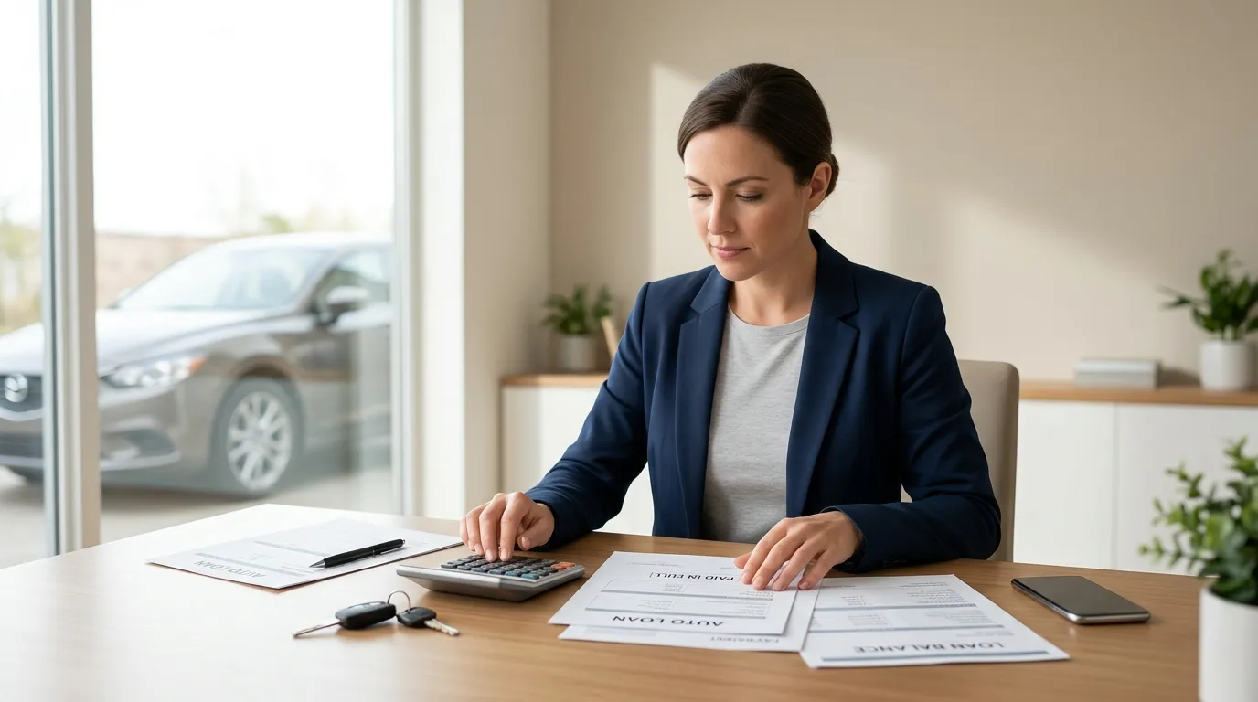 Person reviewing financing paperwork to pay off car loan immediately