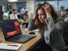 Anxious employee looking at a falling stock chart on a laptop screen
