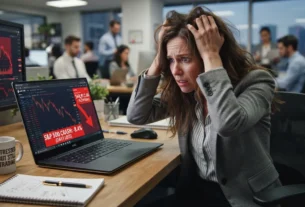 Anxious employee looking at a falling stock chart on a laptop screen