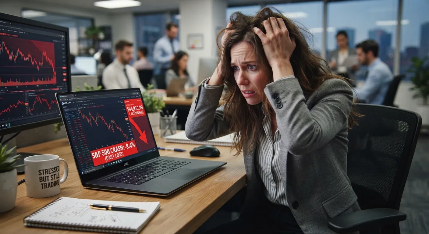 Anxious employee looking at a falling stock chart on a laptop screen